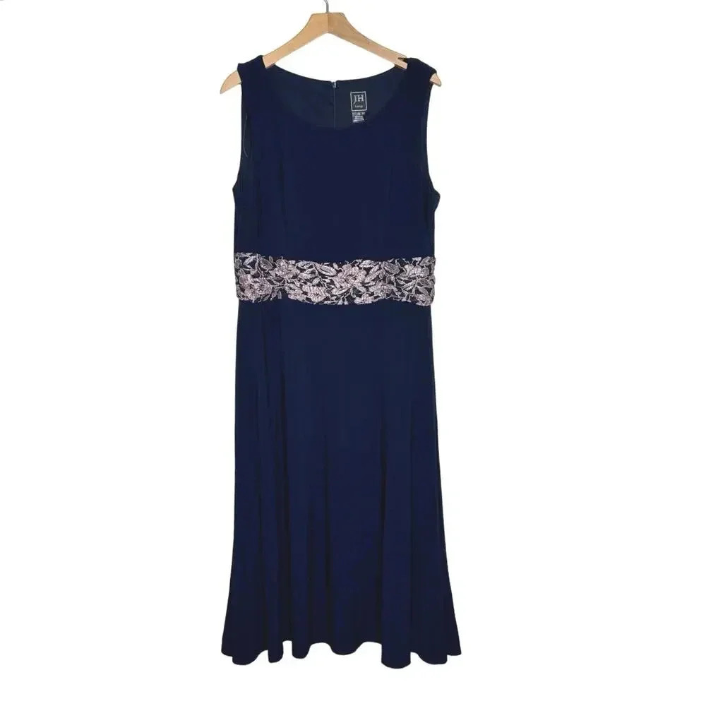 JH Evenings Maxi Dress 18 Navy Blue Metallic Lace Waist Sleeveless Formal Gown